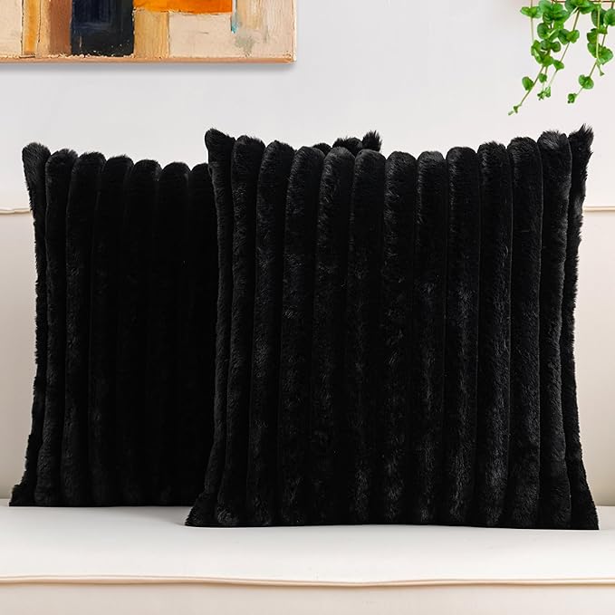 Aegero Pack of 2 Faux Fur Christmas Throw Pillow Covers 18x18 Inch, Soft Plush Striped Neutral Couch Pillow Cover, with Velvet Back Modern Home Decor for Sofa Living Room Couch Bed Black