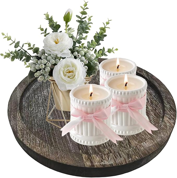 Candle Plate Holder Tray: Round Wooden Decorative Candle Plate Small Farmhouse Table Centerpiece Rustic White Wood Tealight Pillar Trays for Home Decor (Whitewash)