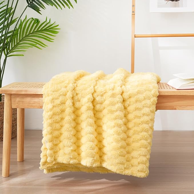 Vessia Flannel Fleece Throw Blanket, 3D Jacquard Light Yellow Fuzzy and Warm Blanket for Couch, Sofa, Bed, 300GSM Super Soft Touch Cozy Home Decor for All Seasons (50x70 inches)