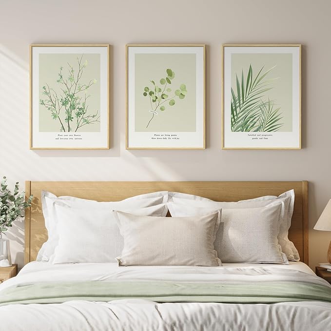 Framed Green Leaf Botanical 3 Piece Wall Art Bedroom, Modern Minimalist Floral Painting Print Canvas Artwork for Walls, Neutral Rustic Nature Pictures Wall Decor Living Room Nursery Kitchen, 12x16 In