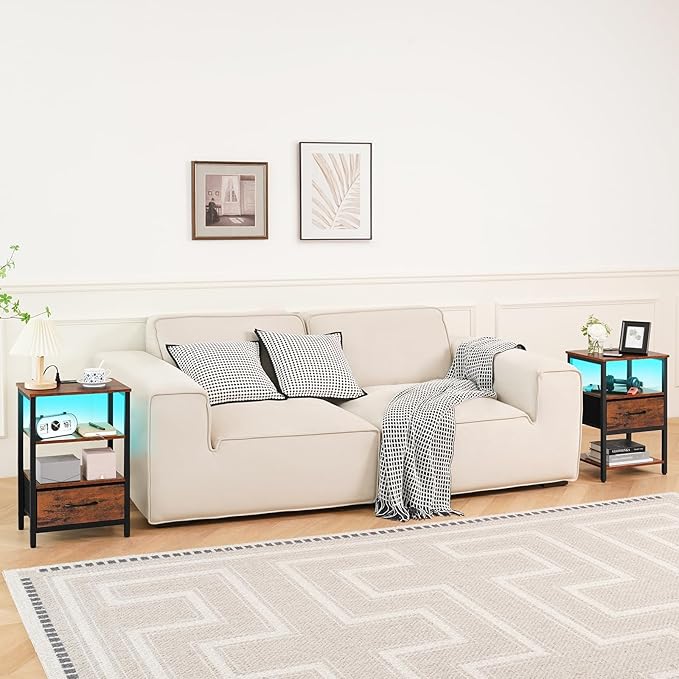 Yoobure End Table with Storage, LED Nightstand with Charging Station, Side Tables Living Room, 3-Tier Wood Bedside Table with Adjustable Fabric Drawer, Night Stand for Bedroom, Brown