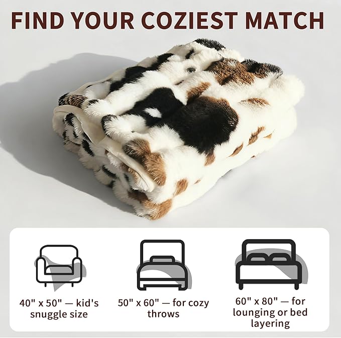 Cow Print Faux Fur Baby Blanket 40x50 – Fluffy Cow Bubbles Blanket, Ultra Soft Rabbit Faux Fur Throw for Kids & Travel, Black to White Ombre with Brown Accent, Cozy Decorative Cow Gift