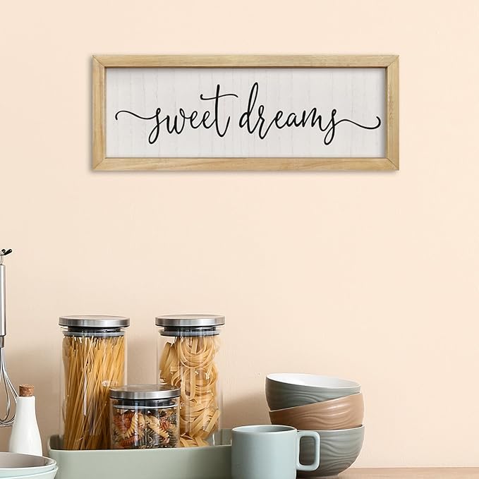comurdyo Romantic Sweet Dreams Sign Above Over Bed Wall Decor 16"×6" Small for Modern Couples Master Bedroom Above Bed Minimalist Wood Framed Wall Art Plaque Decoration Hanging (Wood)