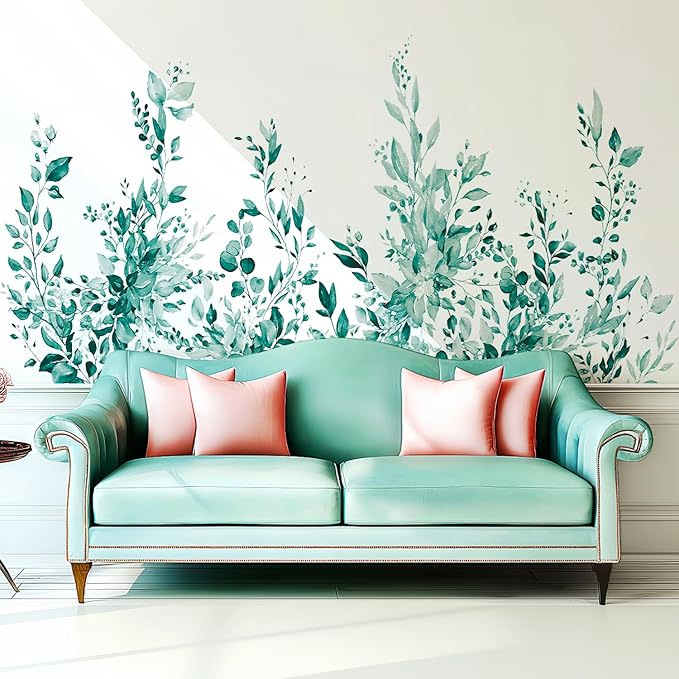 Teal Plants Leaves Wall Decals Peel and Stick, Large Floral Flowers Vinyl Wall Stickers, Removable Vine Home Decor Art for Bedroom Living Room Classroom Office
