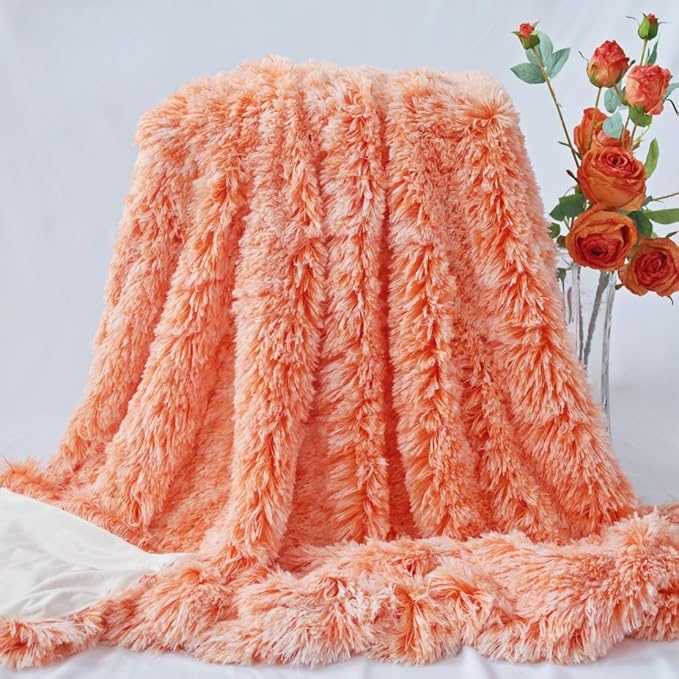 Plush Super Soft Blanket Bedding Sofa Cover Furry Fuzzy Fur Warm Throw Qulit Cozy Couch Blanket for Winter (51"x63",Orange and White)