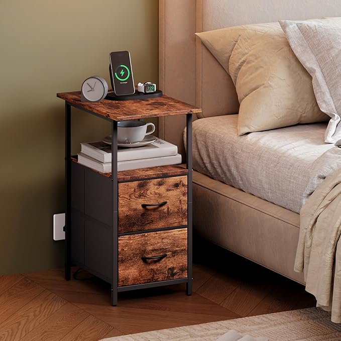 Somdot End Table with Charging Station,Narrow Side Table with 2 Fabric Drawers,Skinny Nightstand with Storage,Small Slim Bedside Table for Living Room,Sofa,Bedroom,Couch,Wood Grain Print