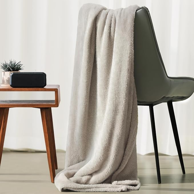 Plush Fleece Throw Blanket for Couch and Bed, Fluffy Fuzzy Cozy Queen-Size Soft Blankets All Season Use (60x80 Inches,Beige)