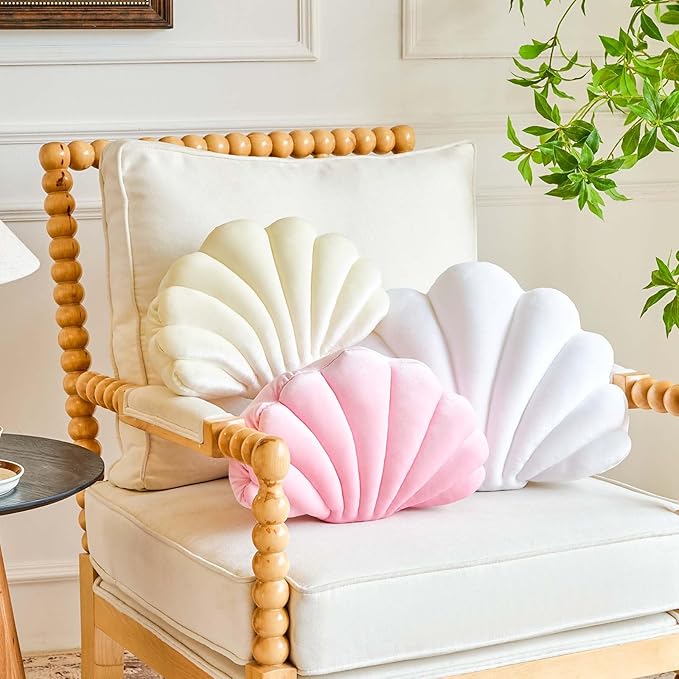 Lfsaaj Cream Seashell Throw Pillows, Shell Shaped Throw Pillows, 13 Inch Soft Velvet Home Decorative Pillow Plush Cushion for Bed Couch Living Sofa Room Decor Accent Throw Pillow