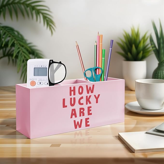 Pink Positive Quotes Makeup Brush Holder, Pink Preppy Toothbrush Holders for Girls Bathroom, How Lucky Are We Pen Holder Organizer for Dorm Bedroom Desk Accessories