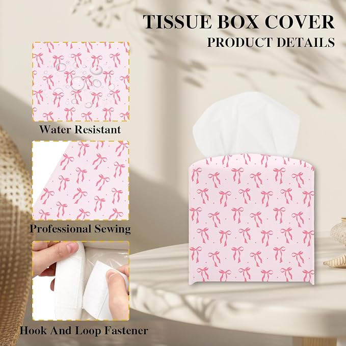 Pink Bows Tissue Box Cover, Cute Tissue Holder Square with Bottom Belt for Home Bathroom Office Vanity Countertop, Housewarming Gifts Ideas for Women Friends Mom Bestie -14