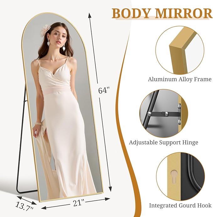 Full Length Mirror 64"x21" Full Body Mirror Arched Free Standing Wall Mounted Leaning Floor Mirrors with Stand Aluminum Alloy Frame for Bedroom Cloakroom, Gold