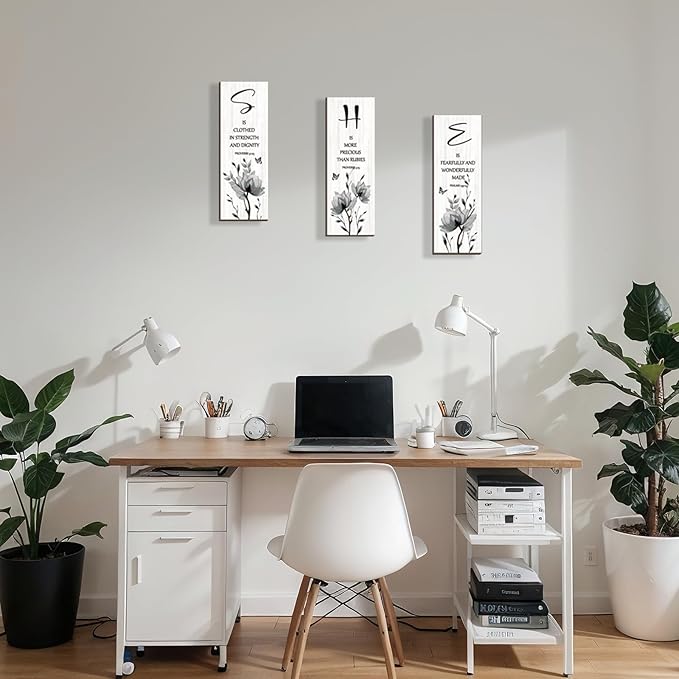 DONFENTHY 3 Pieces Inspirational Black Floral Wall Decor Wooden Hanging Wall Art Christian Quotes SHE Word Sign Black White Wall Art Gift for Girl Teen Women Bedroom Bathroom Office (Black 12x4 Inch)