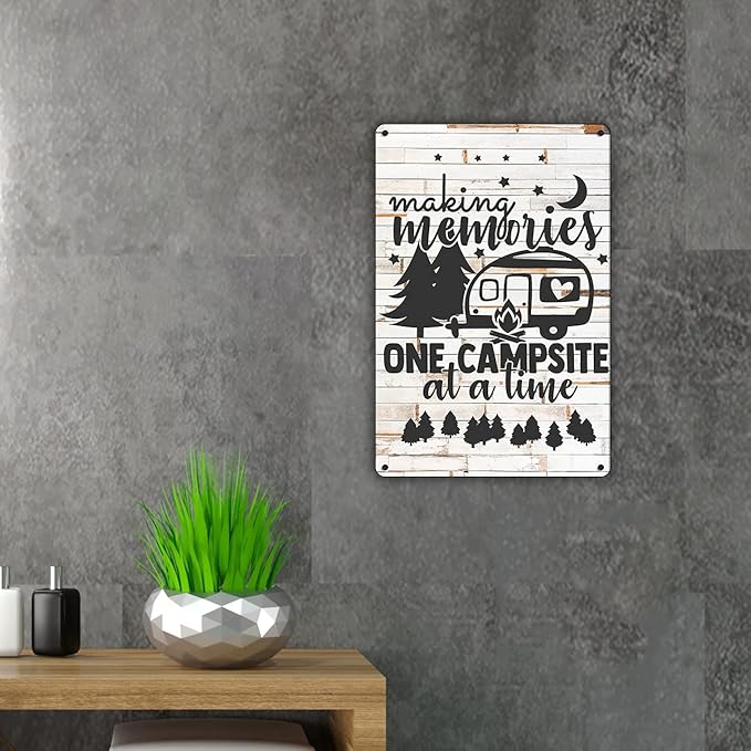 QIONGQI Funny Making Memories One Campsite at a Time Metal Tin Sign Wall Decor Farmhouse Rustic Camping Signs for Home Garage Men Cave Yard Decor Camper Gifts (Wooden Style)
