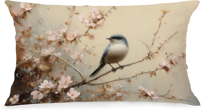 Vintage Spring Bird Lumbar Pillow Cover 12x20 Double-Sided, Nature Room Decor, Farmhouse Spring Pink Floral Bird Decorative Throw Pillow Cover for Living Room Home Bedroom