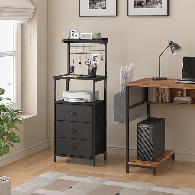 Bedside Tall Nightstands with Charging Station, LED Bedside Table for Bedroom - 3 PU Fabric Drawers, Hooks, Black