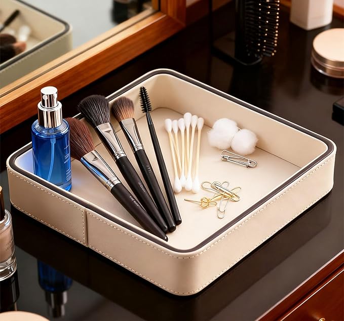 YIGUYI Faux Leather Vanity Tray, Elegant Desktop Storage Organizer，A perfume tray specifically designed for women，Nightstand or Dresser(Cream White)