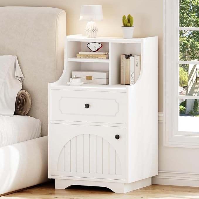 4ever2buy Modern Farmhouse Nightstand with Storage Hutch Engineered Wood Bedside Table with Drawer 30.31 inch Tall Night Stand End Table for Bedroom White