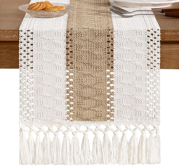 Socomi Boho Table Runner Easter Spring Farmhouse Rustic Dining Kitchen Centerpiece Decor Small Macrame Woven Cotton Linen Coffee Table Runner for Dresser Scarf Home Decor 12x36 inch