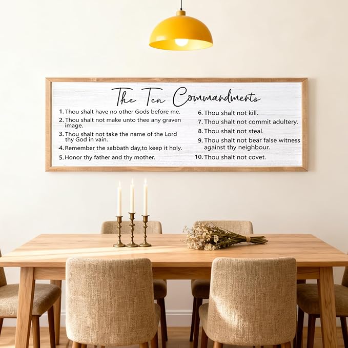 The Ten Commandments Wall Decor, 40x15 inch Rustic Bible Verse Wall Art, Christian Religious Scripture Print, Farmhouse Style Framed Wall Hanging Christian Gifts for Family Home, Natural