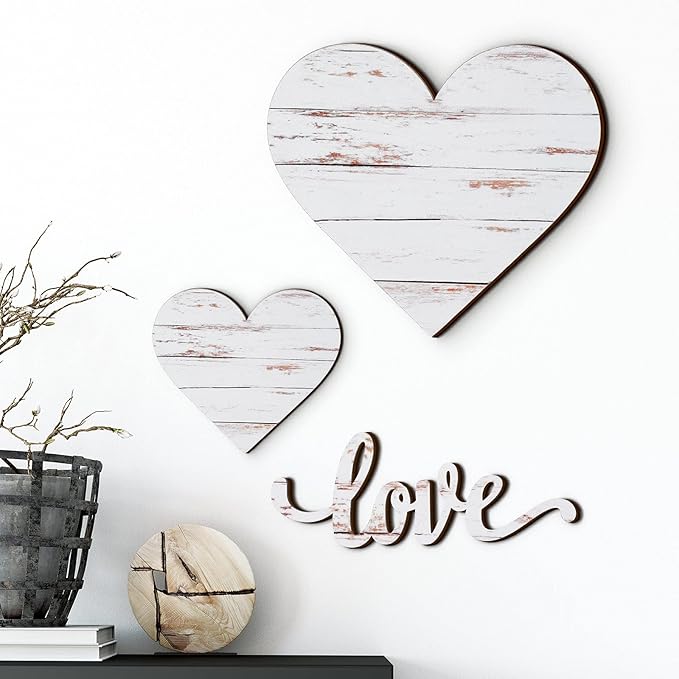 3 Pcs Wooden Hearts Decor Heart Wooden Sign Rustic Hanging Love Plaque for Wall Home Farmhouse Living Room Bedroom Gifts(White)