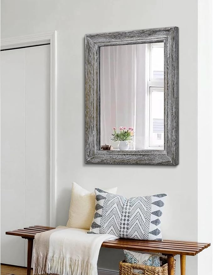 Large Rustic Wall Mirror with Wood Frame Farmhouse Rectangle Mirrors 26"x18" Decorative for Bathroom Bedroom Living Room Home Entryway