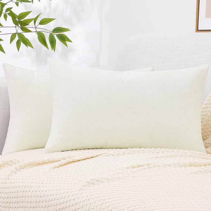 decorUhome Chenille Cream White Throw Pillow Covers 12x20 Inch Set of 2, Decorative Soft Couch Pillow Covers Solid Dyed Accent Farmhouse Neutral Rectangle Pillow Cases for Sofa