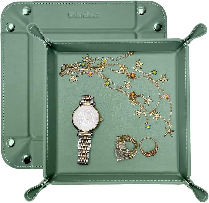 UnionBasic Small Valet Tray, Jewelry Tray for Rings Watches Earrings, Entryway Catchall Caddy for Coins Keys Change, Nightstand Bedside Valet Holder, Trays for Electronic Gadgets, Malachite Green