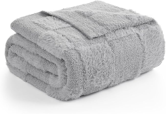 Snuggle Sac Faux Fur Throw Blanket for Couch, Knitted with Microfiber Fancy Yarn Blanket, Cozy Soft Warm Blankets for Sofa Bedroom Living Room,Solid Light Grey,50x60 inches