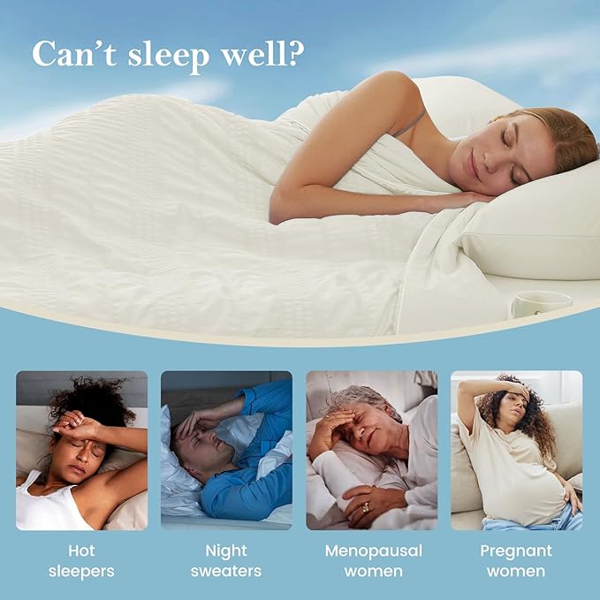 Cozy Bliss Seersucker Cooling Comforter Queen Size, Q-Max 0.45 Reversible Lightweight Cooling Blanket, Breathable Silk Smooth Summer Bedding Quilt for Hot Sleepers Night Sweats Cream White