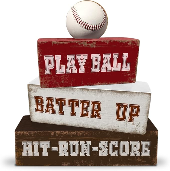 4 Pcs Baseball Table Decorations Sports Wooden Desk Sign Baseball Tiered Tray Decor Tabletop Centerpiece for Birthday Party Home Bedroom Teens Room Mantel Shelf
