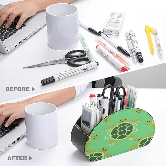 Green Turtles Remote Control Holder Organizer Box with 5 Compartment PU Leather Bedside Storage Caddy Remote Organizer for Controller Media Player Pen/Pencil Storage