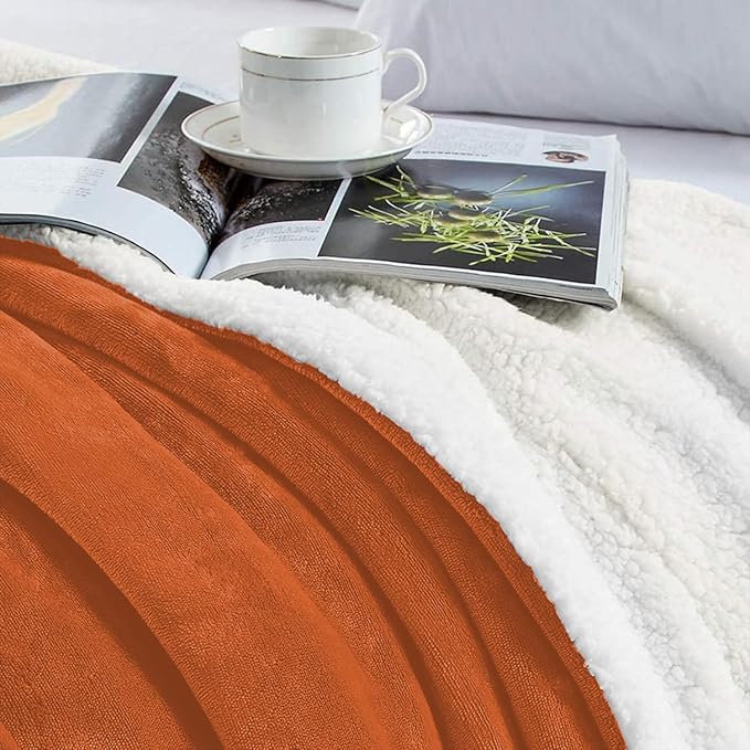 IR Imperial Rooms Sherpa Blankets Queen Size - Thick and Warm Burnt Orange Blankets for Winter, Reversible Soft and Fuzzy Fluffy Queen Size Blanket for Bed, Rust, 90x90 Inches
