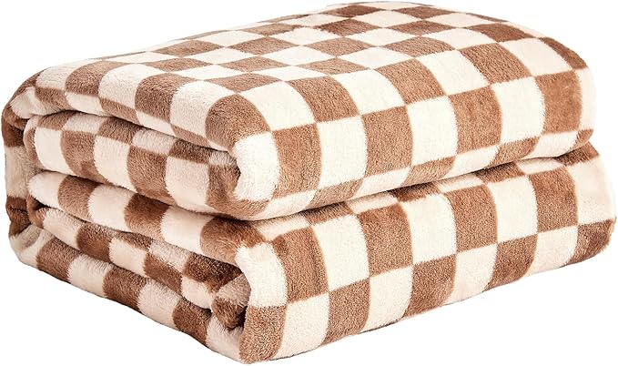 FY FIBER HOUSE Checkered Flannel Fleece Throw Blanket Queen Size Soft Cozy Checkerboard Grid Print Chessboard Gingham Pattern Blankets for Bed Couch Sofa, 90"x90", Khaki