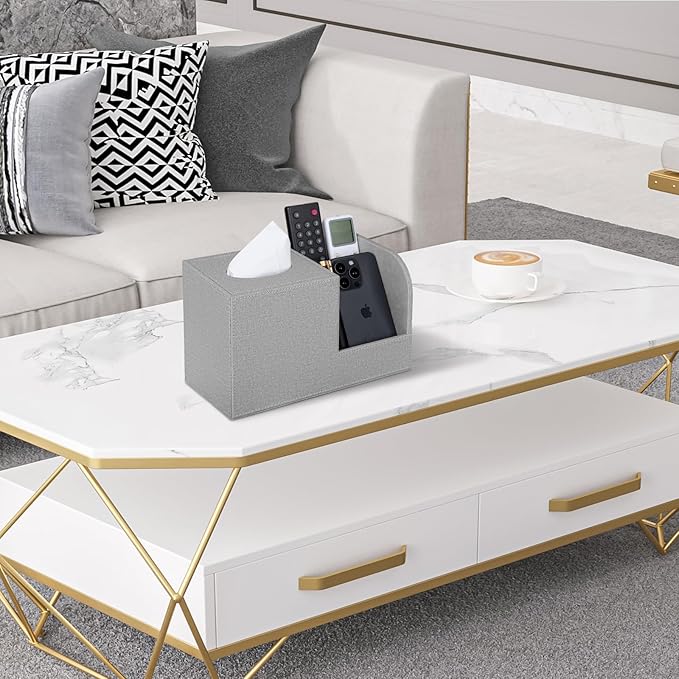 PU Leather Tissue Box Cover with Remote Control Holder, Square Tissue Box Holder for Living Room Bathroom Office (Grey)