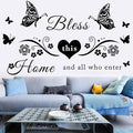 Vinyl Wall Stickers Quotes Art Decal Sticker Bless This Home and All Who Enter Wall Decals Flowers Butterfly Wall Decor Sticker for Entryway Living Room Home Decor