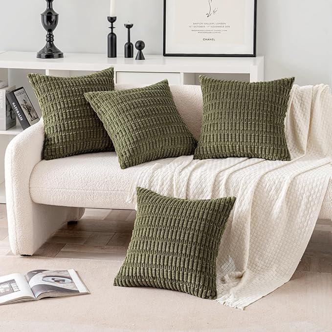 MIULEE Pack of 4 Olive Green Corduroy Decorative Throw Pillow Covers 18x18 Inch Soft Boho Striped Pillow Covers Modern Farmhouse Home Decor for Sofa Living Room Couch Bed