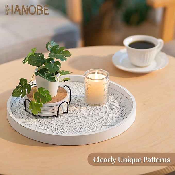 Hanobe Decorative Coffee Table Tray: Round Wood Trays for Boho Home Decor White Farmhouse Rustic Centerpiece for Living Dining Room Ottoman Kitchen Counter 12 Inch