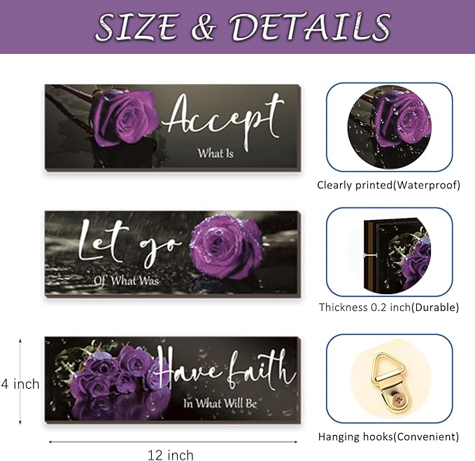 ZINYAZHE 3 Pcs Purple Wall Decor Inspirational Purple Bathroom Wooden Purple Rose Wall Art Office Wall Decor With Accept Let Go Have Faith Quotes For Girl Women Bathroom Bedroom(12 X 4 Inch)