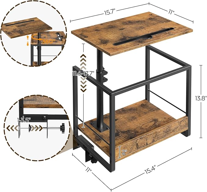 Bedside Shelf, Bed Shelf with 360° Rotating and Height-Adjustable Tray, Drom Side Tray Table, Nightstand with Storage for College, Bedroom, Rustic Brown and Black