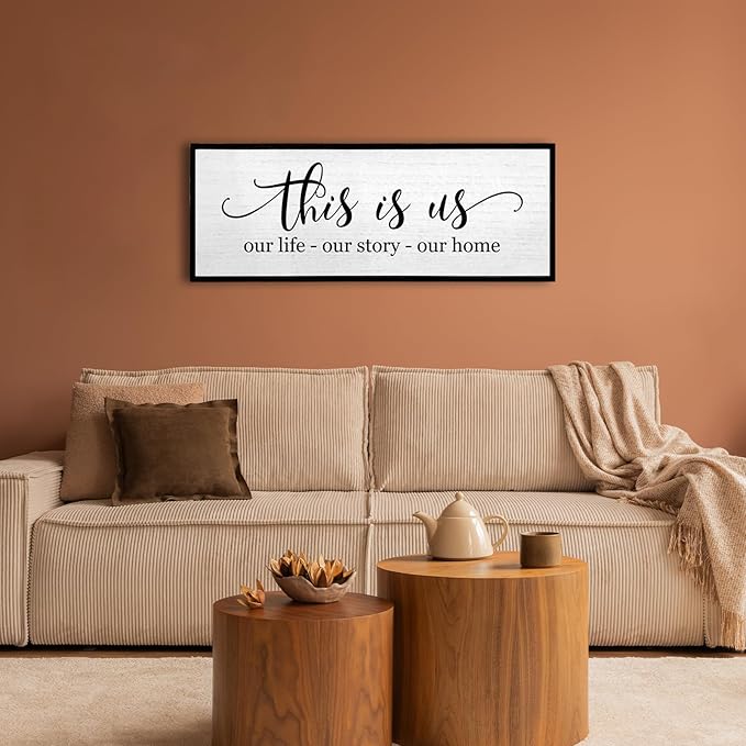 TQianJiang Simple Family Quote This Is Us Wall Decor 40"×15" Our Life Our Story Our Home Sign for Living Room Wall Art Entryway Farmhouse Large Rustic Wooden Framed House Plaque Hanging (Black)