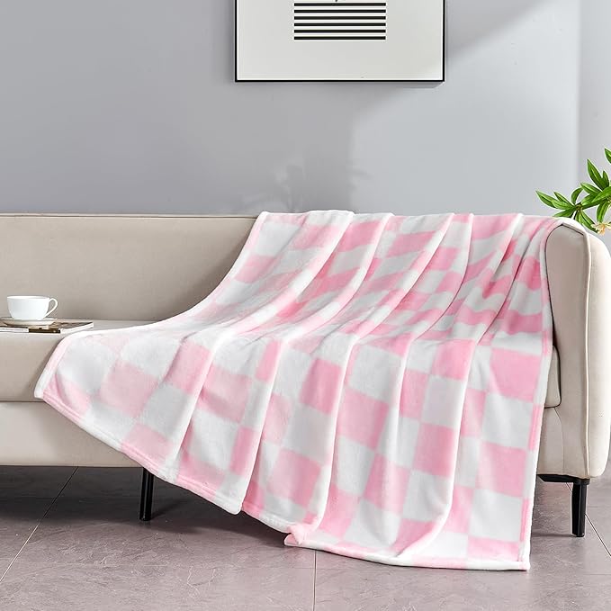 Pink Checkered Blanket, Soft Cozy Fleece Checkered Throw Blankets for Bed Sofa Couch Camping, Ultra Fluffy Throws for All Seasons, 60x80 Inch, Pink
