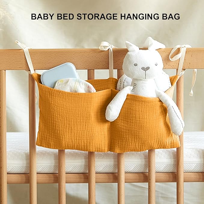 Crib Organizer Hanging for Crib, Linen Baby Bedside Hanging Storage Bag Bedside Caddy Baby Bottle Storage Organizer 2 Pockets Organizer for Baby Cribs and Toys, Turmeric