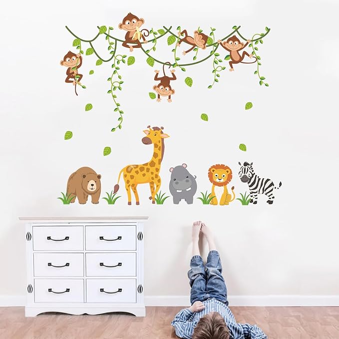 HLNIUC Jungle Themed Nursery Wall Decal 35”x24”Cartoon Safari Animals Wall Sticker Woodland Wildlife Monkey Giraffe Lion Window Cling Forest Tree Hanging Vine Room Stickers for Kids Room Bedroom Decor