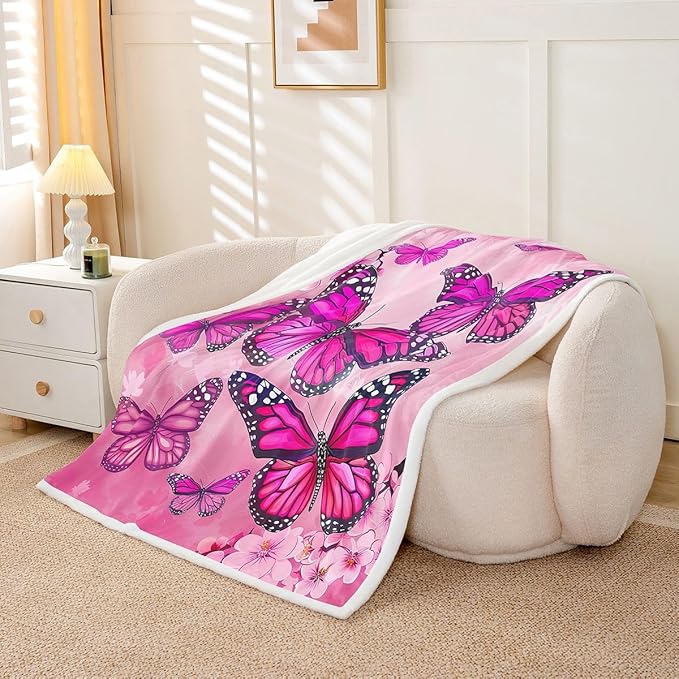 Purple Butterfly Sherpa Blanket - Pink Floral Spring Cherry Blossom Fleece Throw for Kids, Girls, Women - Fairy Fantasy Garden Theme Fuzzy Blanket for Bedroom, Sofa Decor - Baby 30"x40"