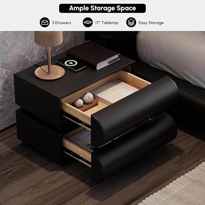 homary 2-Drawer Smart Nightstands Set of 2 with Wireless Charging Station, USB & Type-C Ports, Faux Leather Black Night Stands Modern Bedside Tables for Bedroom Storage, Fully Assembled