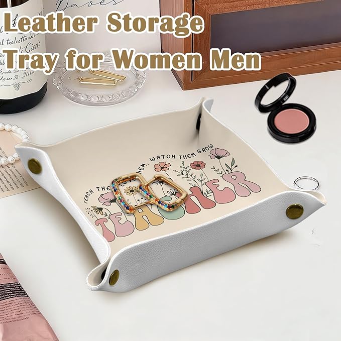 Teacher Appreciation Gifts Jewelry Valet Tray for Women, Gifts for Teacher PU Leather Catchall Beside Caddy Nightstand Organizer Tray for Jewelry Rings Watches and Accessories,7.87x7.87