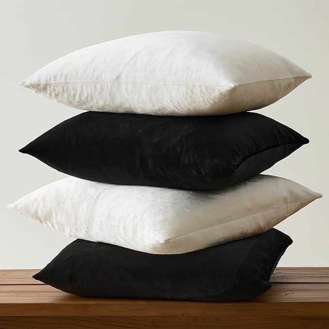 GIGIZAZA Decorative Velvet Pillow Covers - 16x16 Throw Pillows Soft Black Beige Covers Accent for Couch Living Room Bed Square Modern Luxury Cushion Covers Home Decor Set of 4