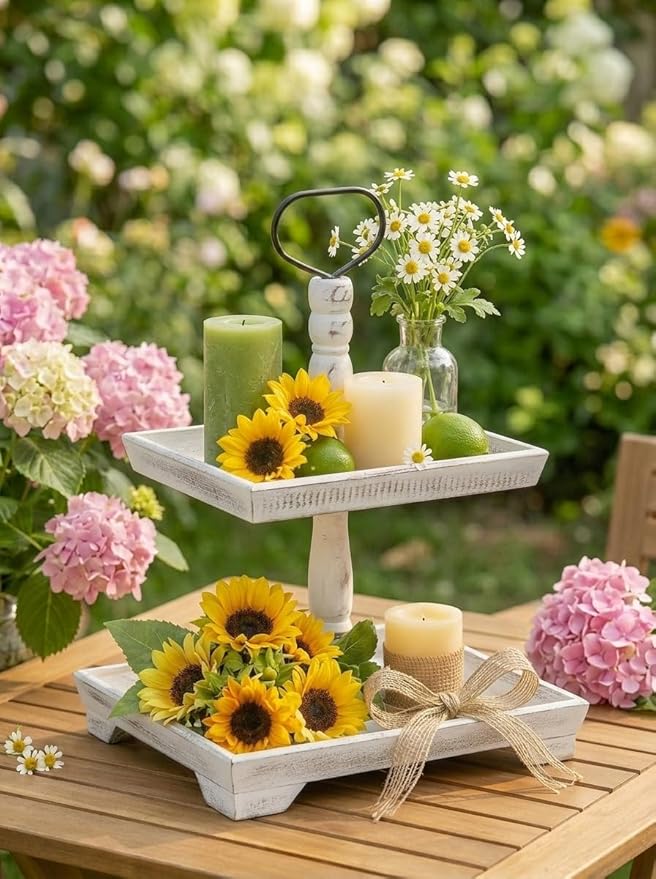 Hanobe Tiered Tray for Table Decor: 2 Tier Sunflower Decorative Tray Stand for Coffee Bar - Spring Farmhouse Rectangle Wood Display for Kitchen Counter, Rustic White