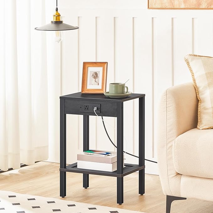 HOOBRO Side Table with Charging Station, Set of 2 End Table with USB Ports and Outlet, Nightstand with 2-Tier Storage Shelf, Faux Rattan Decoration, for Small Space, Black BK91UBZP201