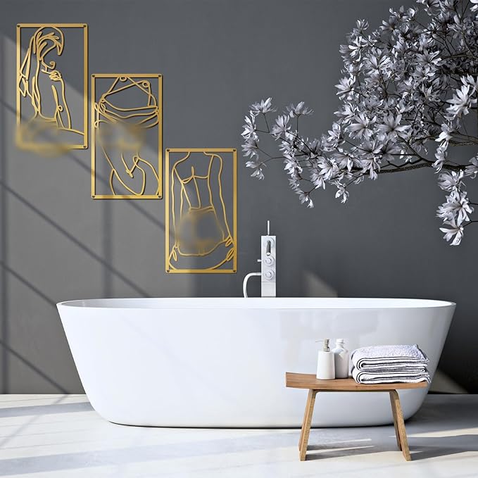 Peryiter 3 Pcs Modern Minimalist Wall Decor Abstract Metal Wall Art Metal Line Art Woman Body Artwork for Bedroom Bathroom Living Room(Gold)